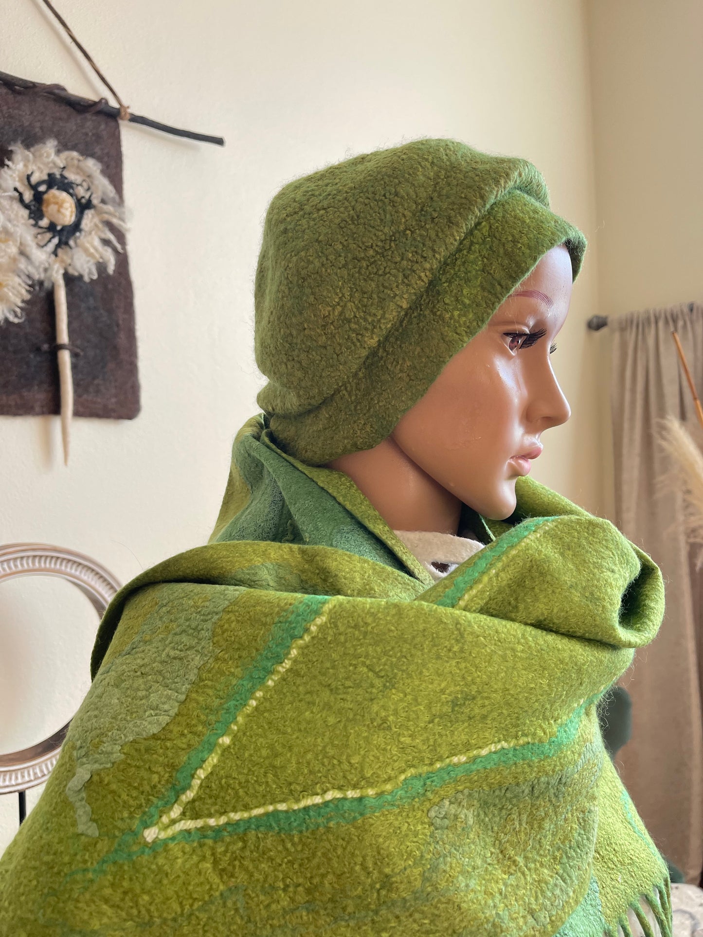 100% Natural Wool Silk Hat Scarf Set Unique Handmade Felted Beanie Wrap Ecofriendly Headwear Neckwear Bactus Muffler Snood