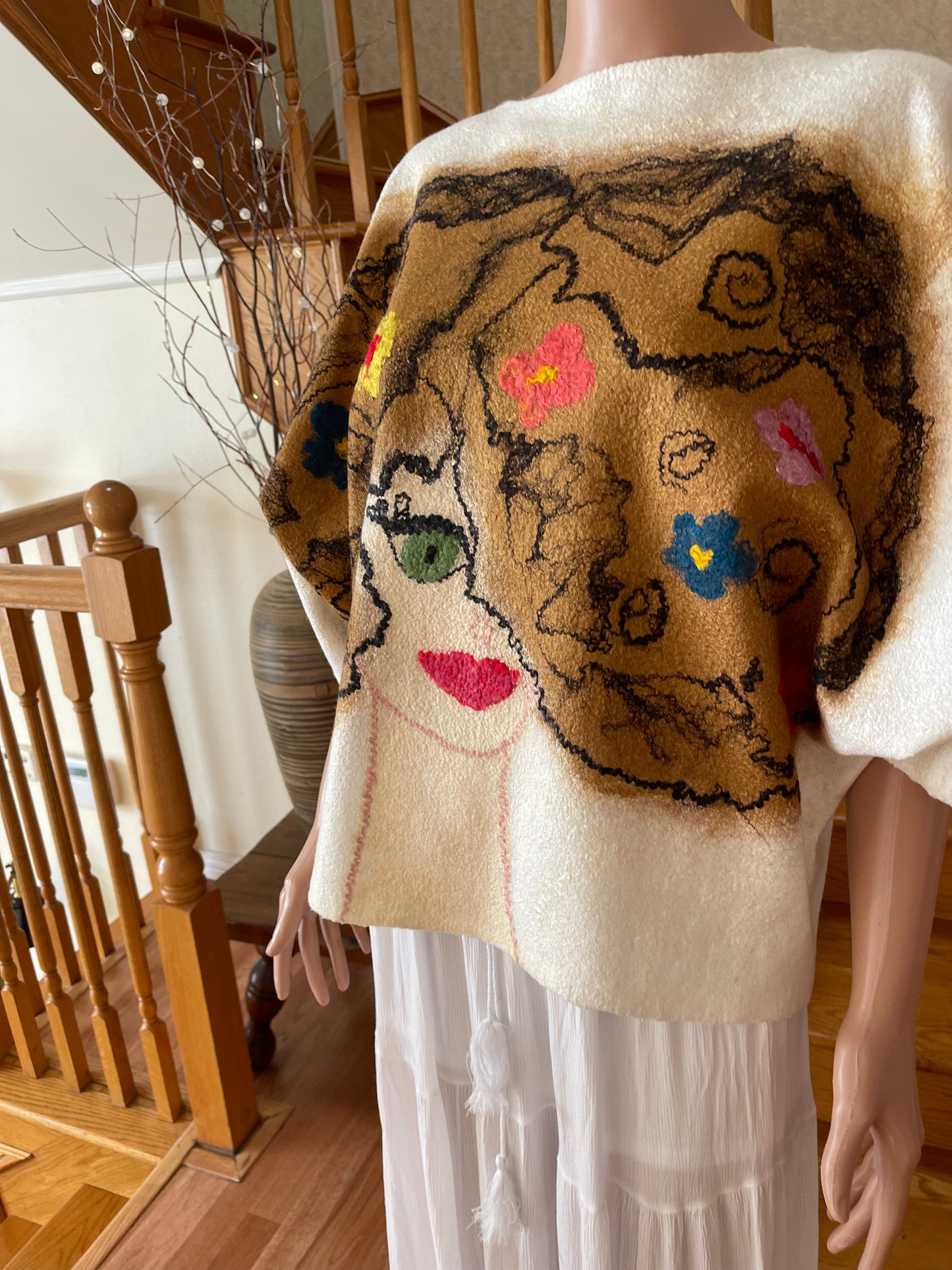 100% Natural Fibers Eco-Fashion Handmade Nuno Felted Silk Wool Eco Friendly Wearable Art Sweater Top Tunic Blouse Sweatshirt Size S-M