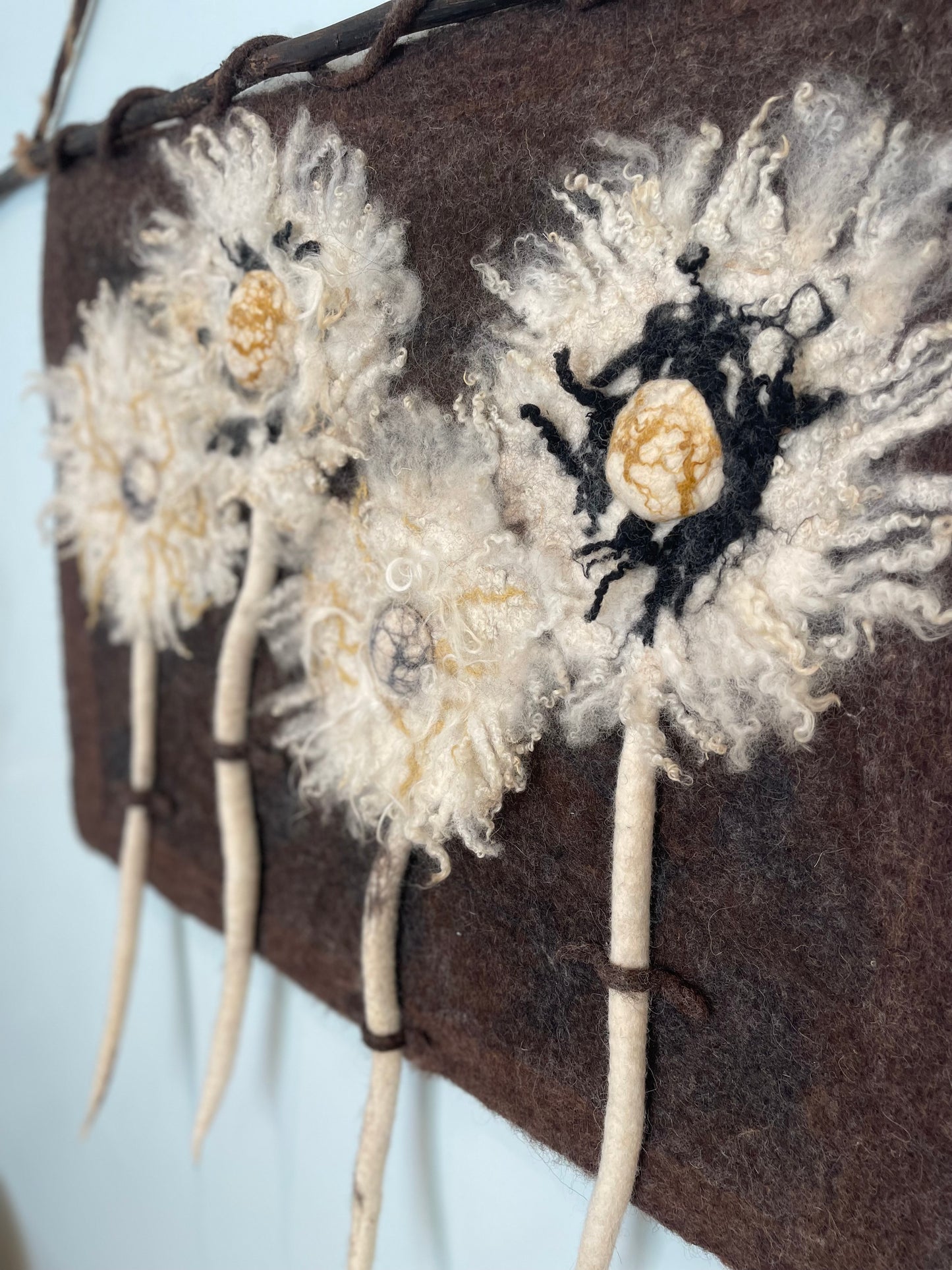 100% Natural wool felted wall art hanging. “ The family of Dandelion”. Size 29”/23”Handmade .Natural merino wool and other natural fibers