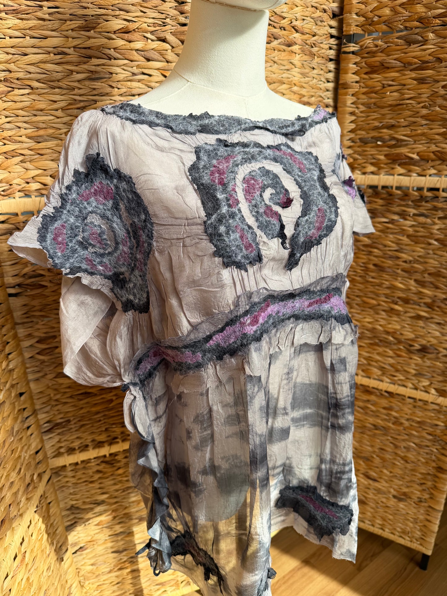 100% Natural Handmade Nuno Felted Silk Merino Wool Linen Bamboo Tunic Vest Eco-Friendly Gauze Blouse One Size S-M