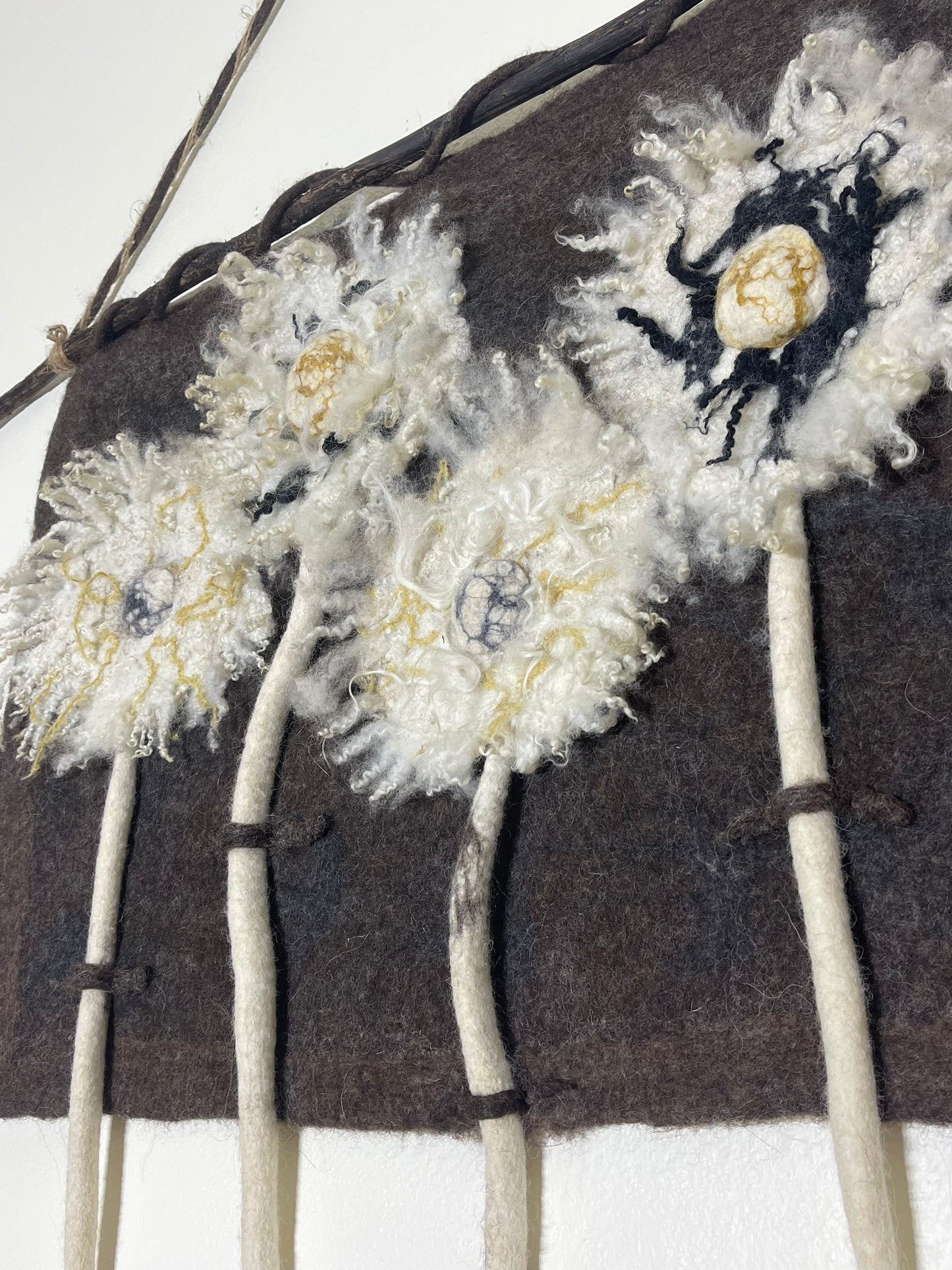 100% Natural wool felted wall art hanging. “ The family of Dandelion”. Size 29”/23”Handmade .Natural merino wool and other natural fibers