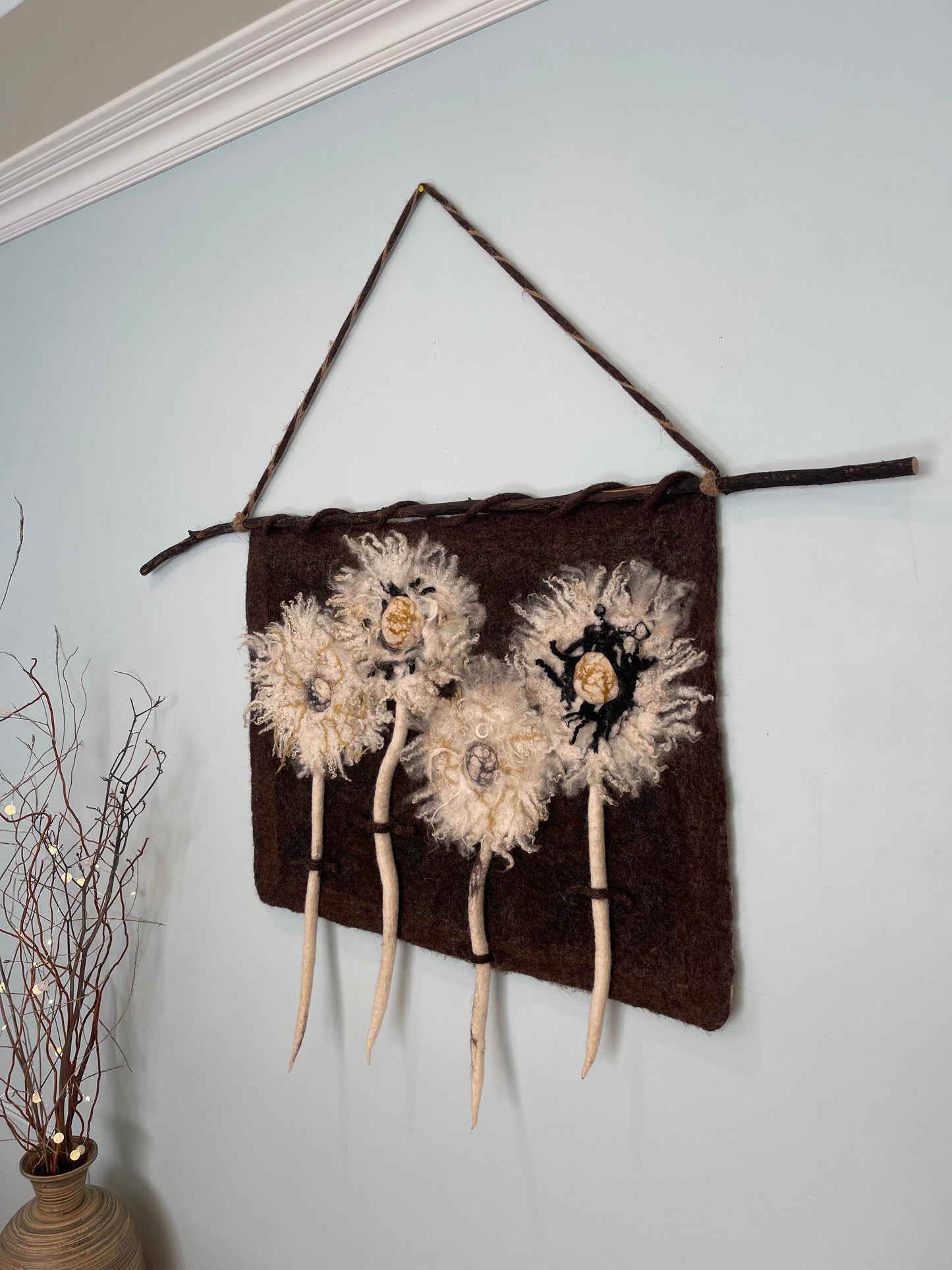 100% Natural wool felted wall art hanging. “ The family of Dandelion”. Size 29”/23”Handmade .Natural merino wool and other natural fibers