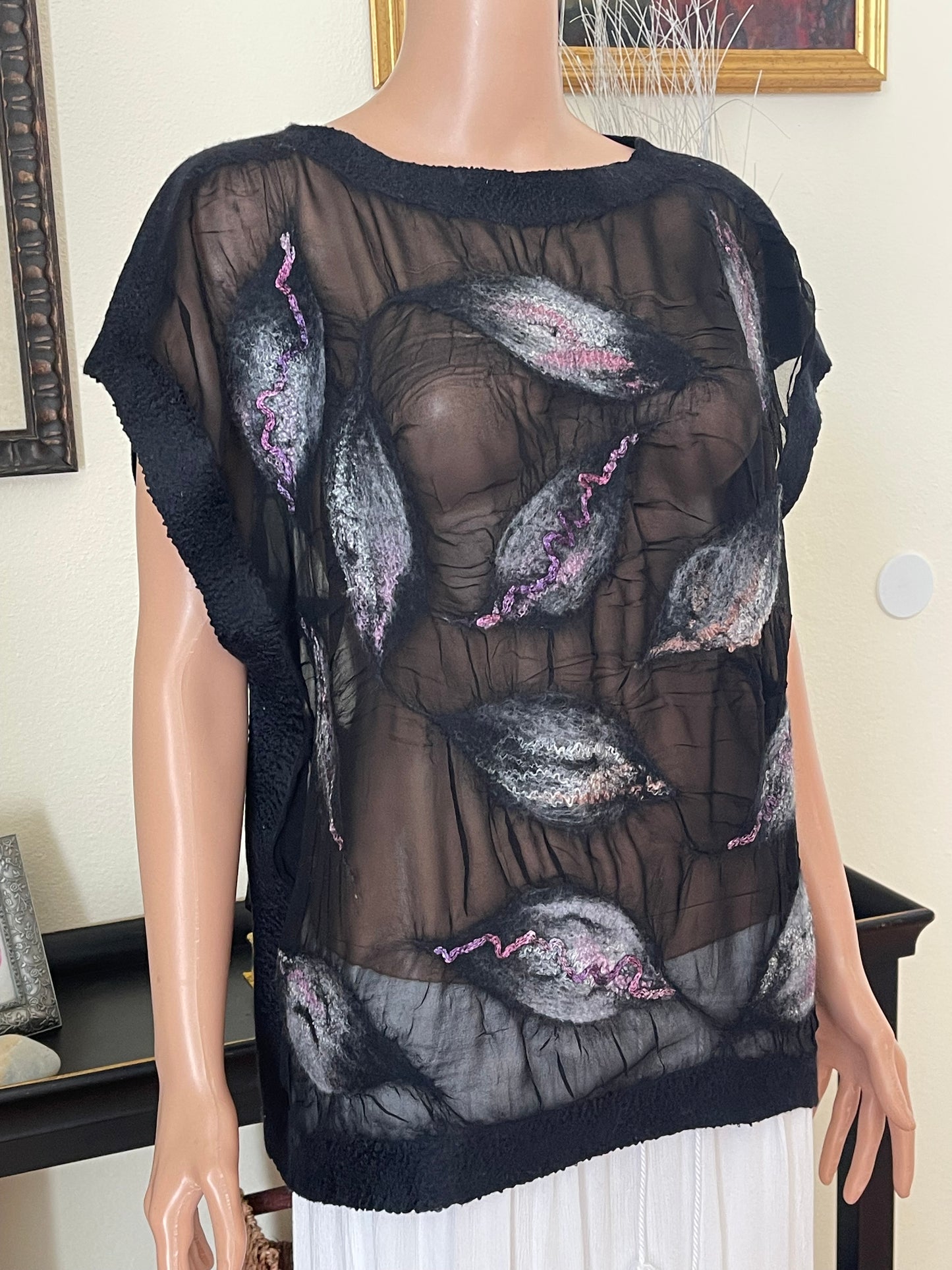 100% Natural Silk Wool Eco-Fashion Top Handmade Nuno Felt Vest Eco Friendly Blouse lightweight Gauze Silk Shirt Women Clothing Garment One Size S-XL