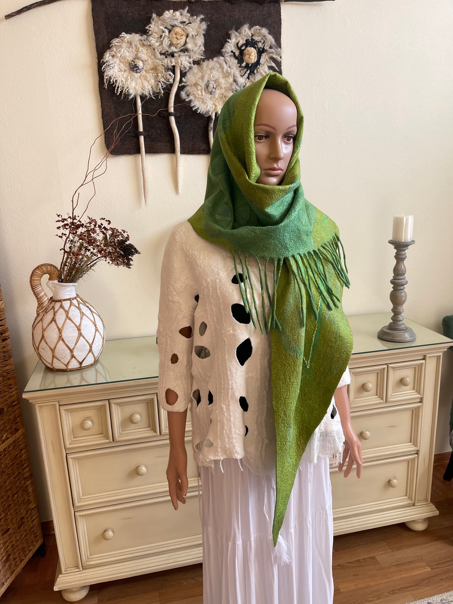 100% Natural Wool Silk Hat Scarf Set Unique Handmade Felted Beanie Wrap Ecofriendly Headwear Neckwear Bactus Muffler Snood