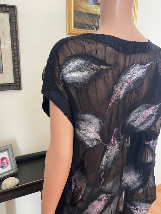 100% Natural Silk Wool Eco-Fashion Top Handmade Nuno Felt Vest Eco Friendly Blouse lightweight Gauze Silk Shirt Women Clothing Garment One Size S-XL