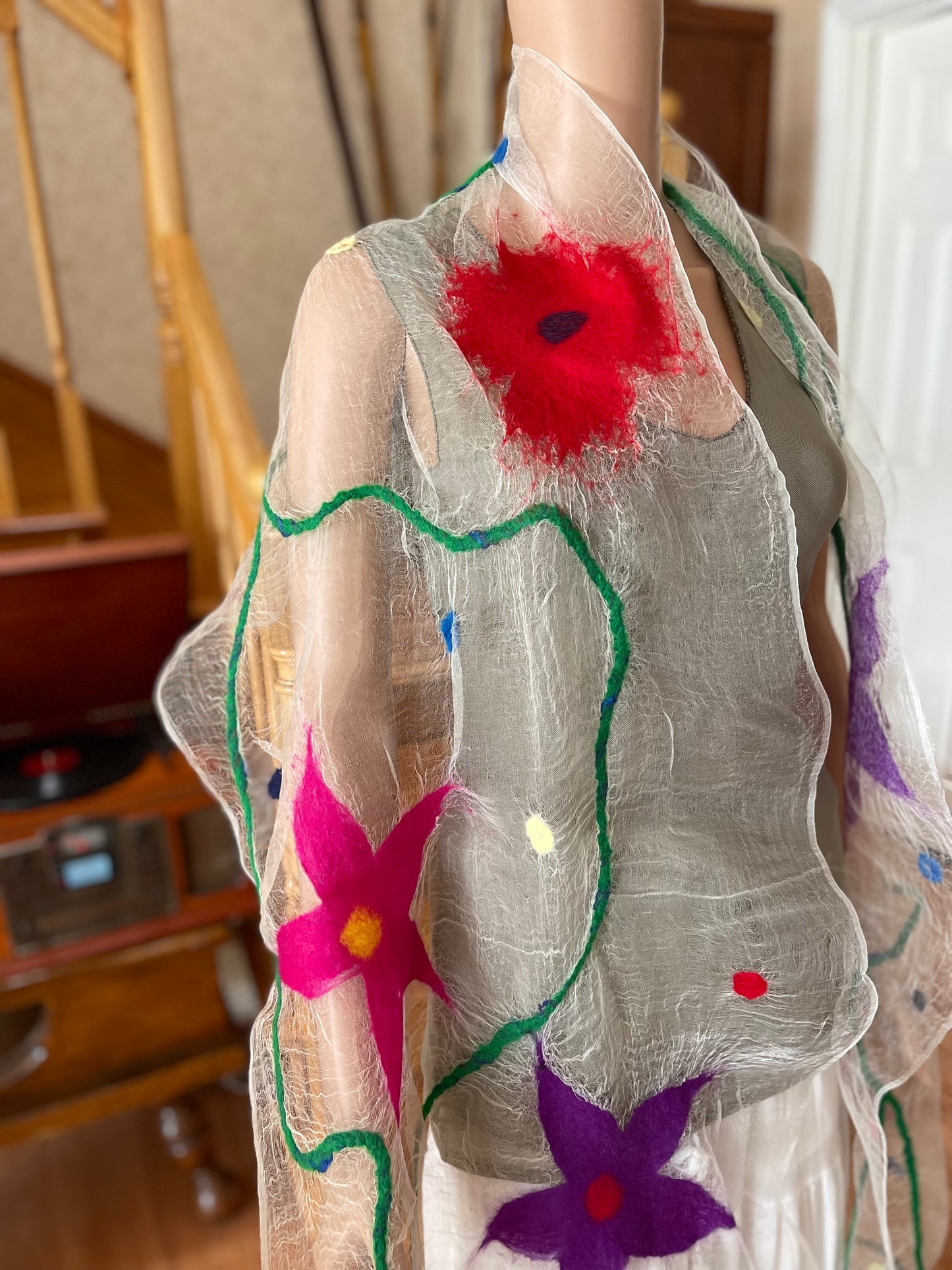 100% Natural Fibers Eco-Fashion Handmade Nuno Felted Eco Friendly Wool/Silk Organza Scarf Shawl Ascot Boa Kerchief Neckwear Wrapping Poncho