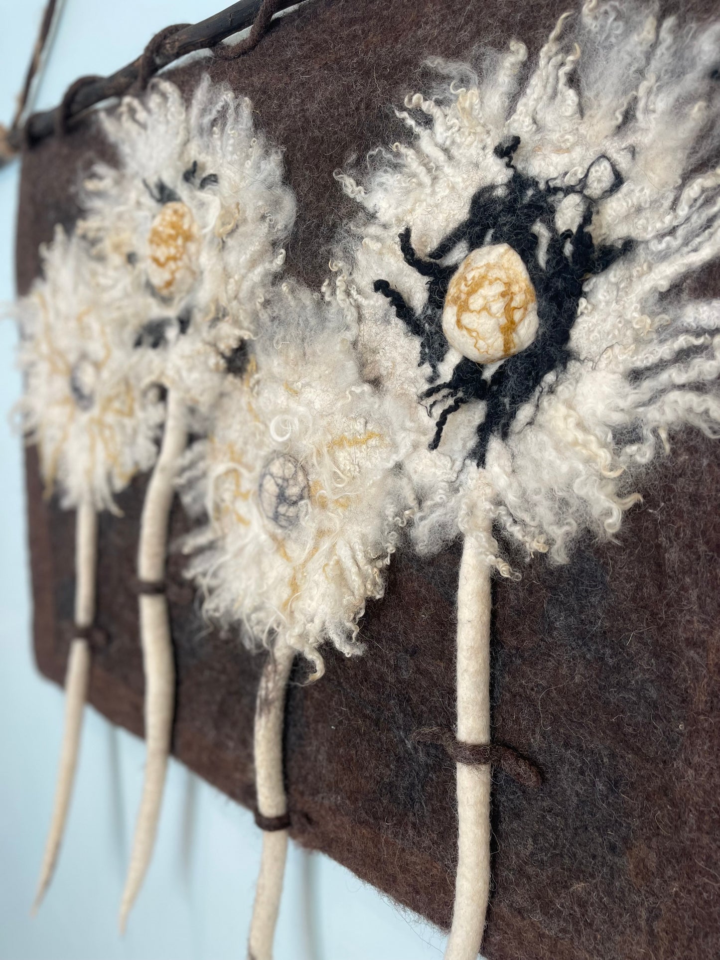 100% Natural wool felted wall art hanging. “ The family of Dandelion”. Size 29”/23”Handmade .Natural merino wool and other natural fibers