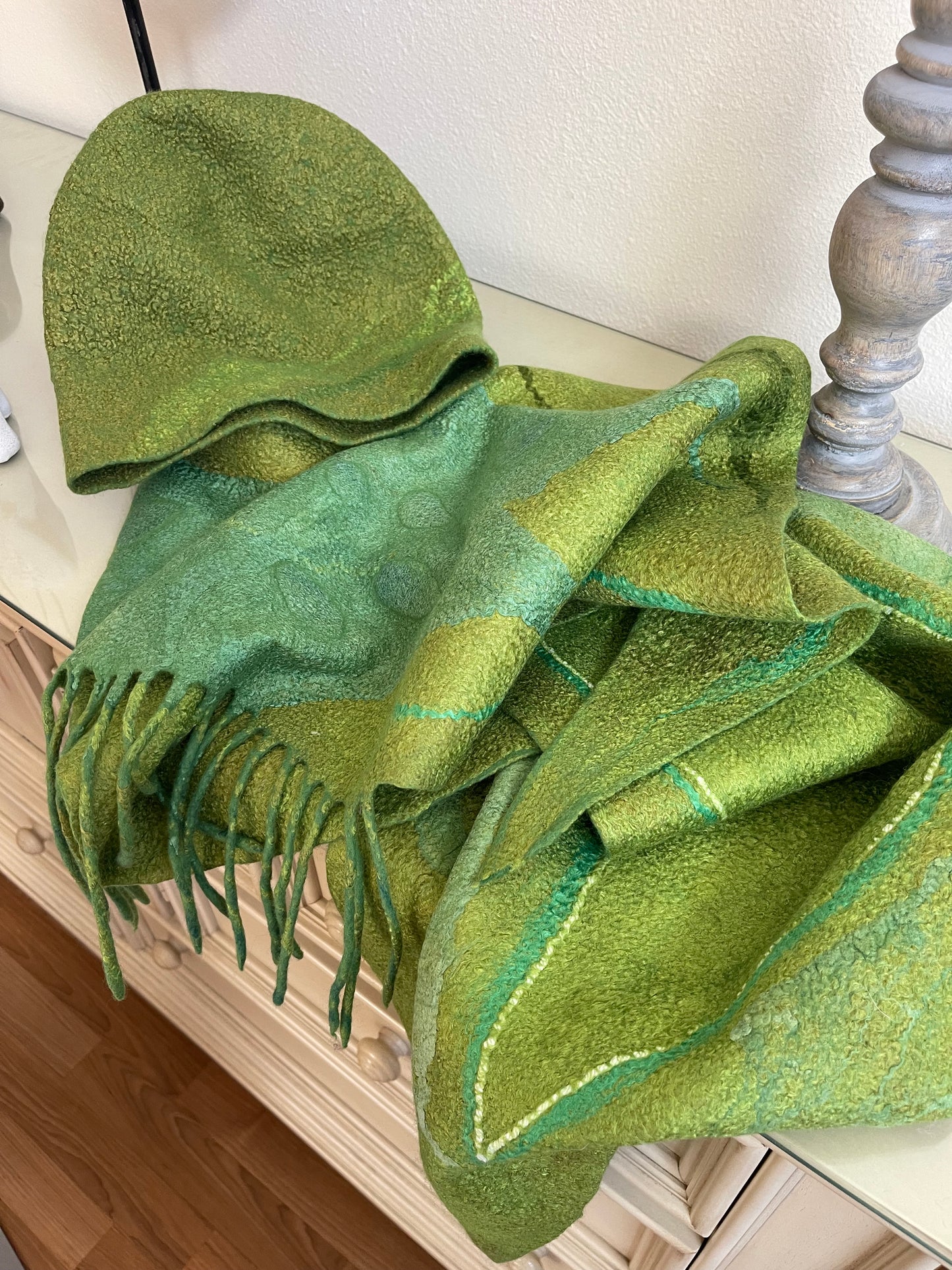 100% Natural Wool Silk Hat Scarf Set Unique Handmade Felted Beanie Wrap Ecofriendly Headwear Neckwear Bactus Muffler Snood