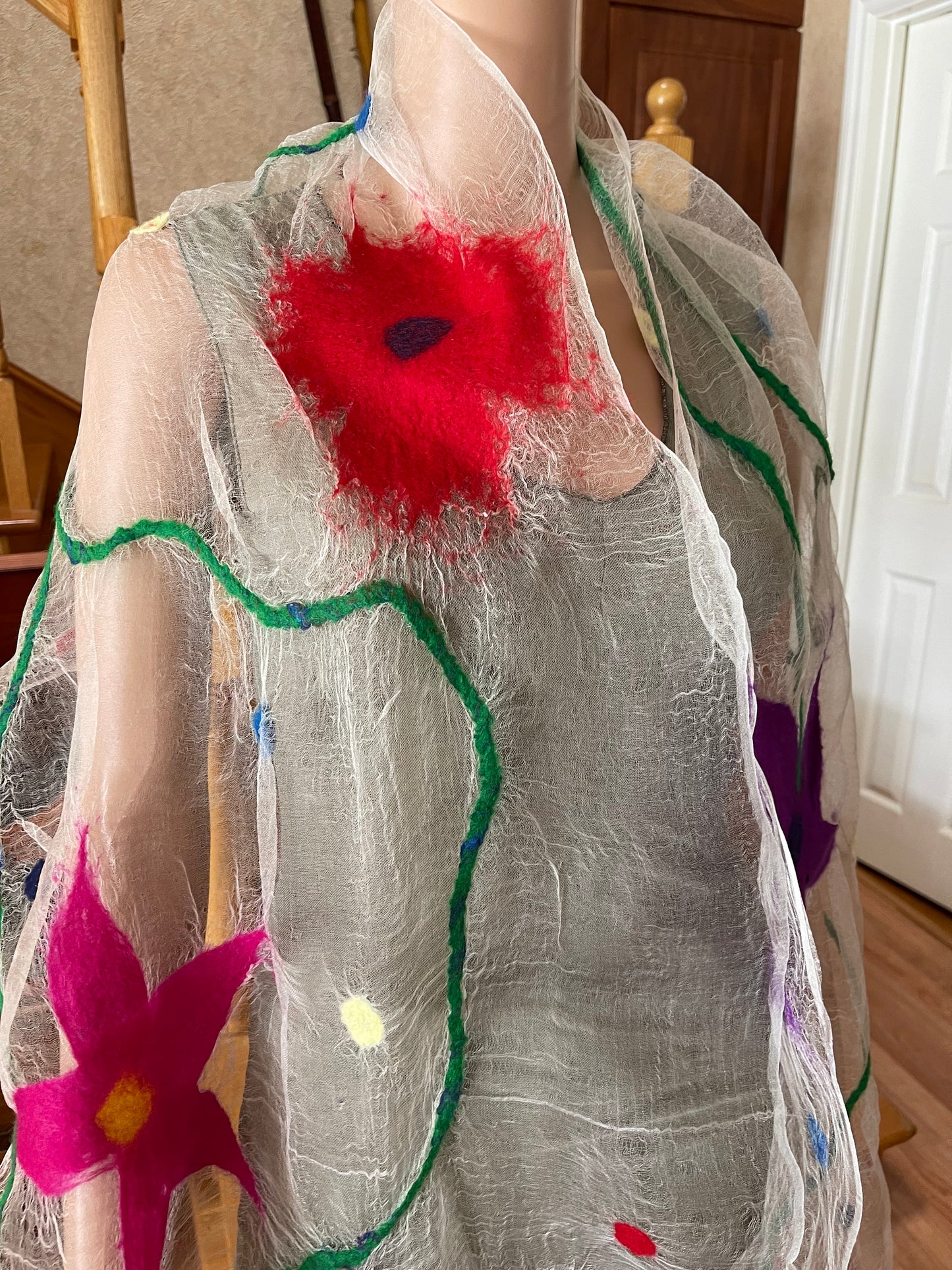 100% Natural Fibers Eco-Fashion Handmade Nuno Felted Eco Friendly Wool/Silk Organza Scarf Shawl Ascot Boa Kerchief Neckwear Wrapping  Poncho