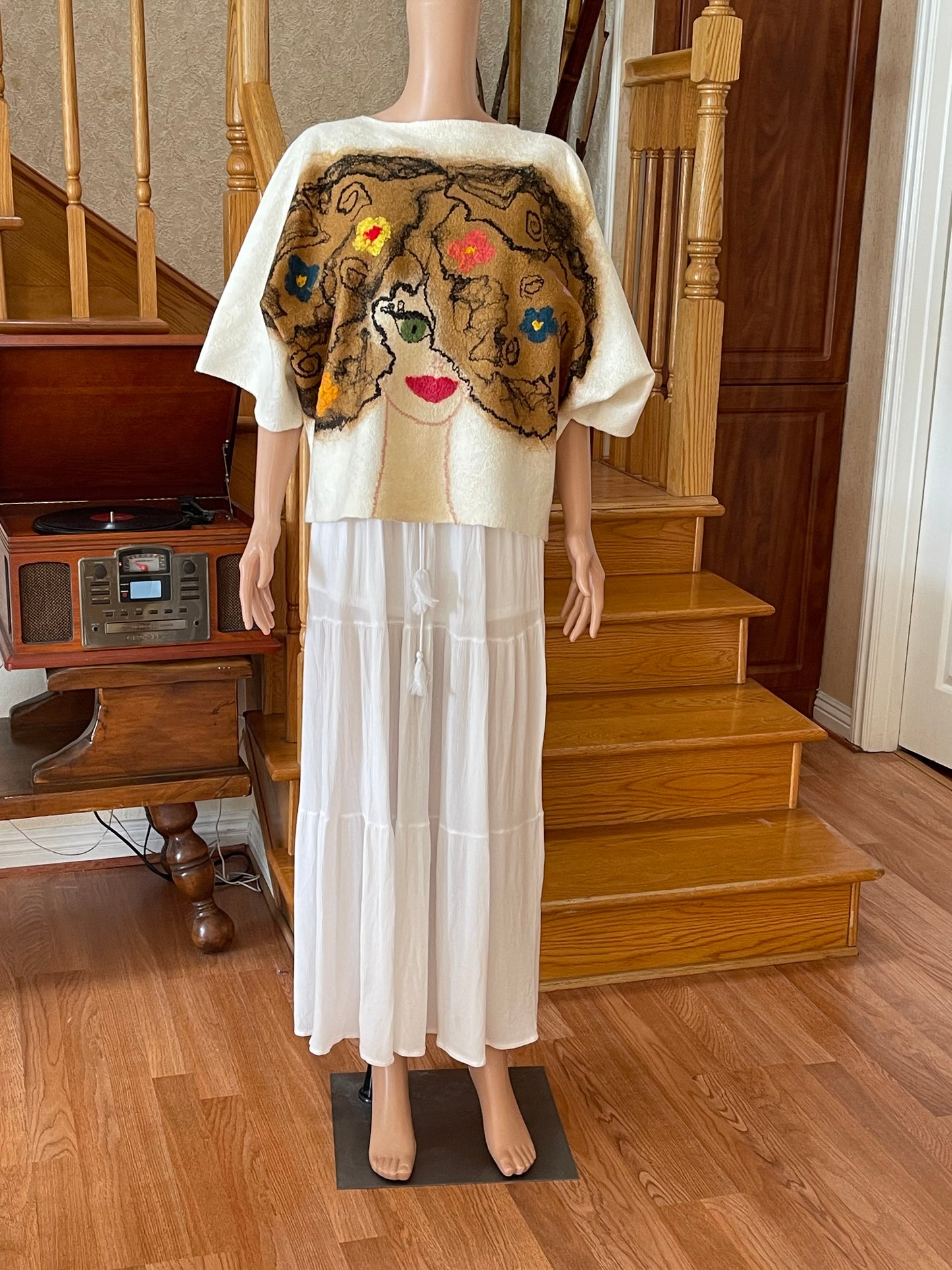 100% Natural Fibers Eco-Fashion Handmade Nuno Felted Silk Wool Eco Friendly Wearable Art Sweater Top Tunic Blouse Sweatshirt Size S-M