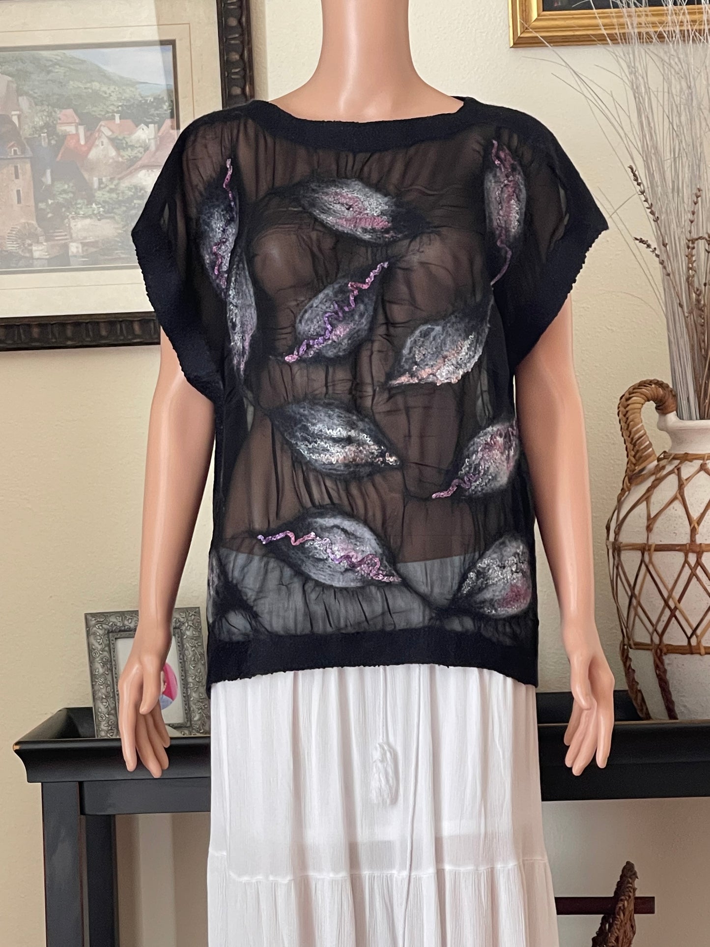 100% Natural Silk Wool Eco-Fashion Top Handmade Nuno Felt Vest Eco Friendly Blouse lightweight Gauze Silk Shirt Women Clothing Garment One Size S-XL