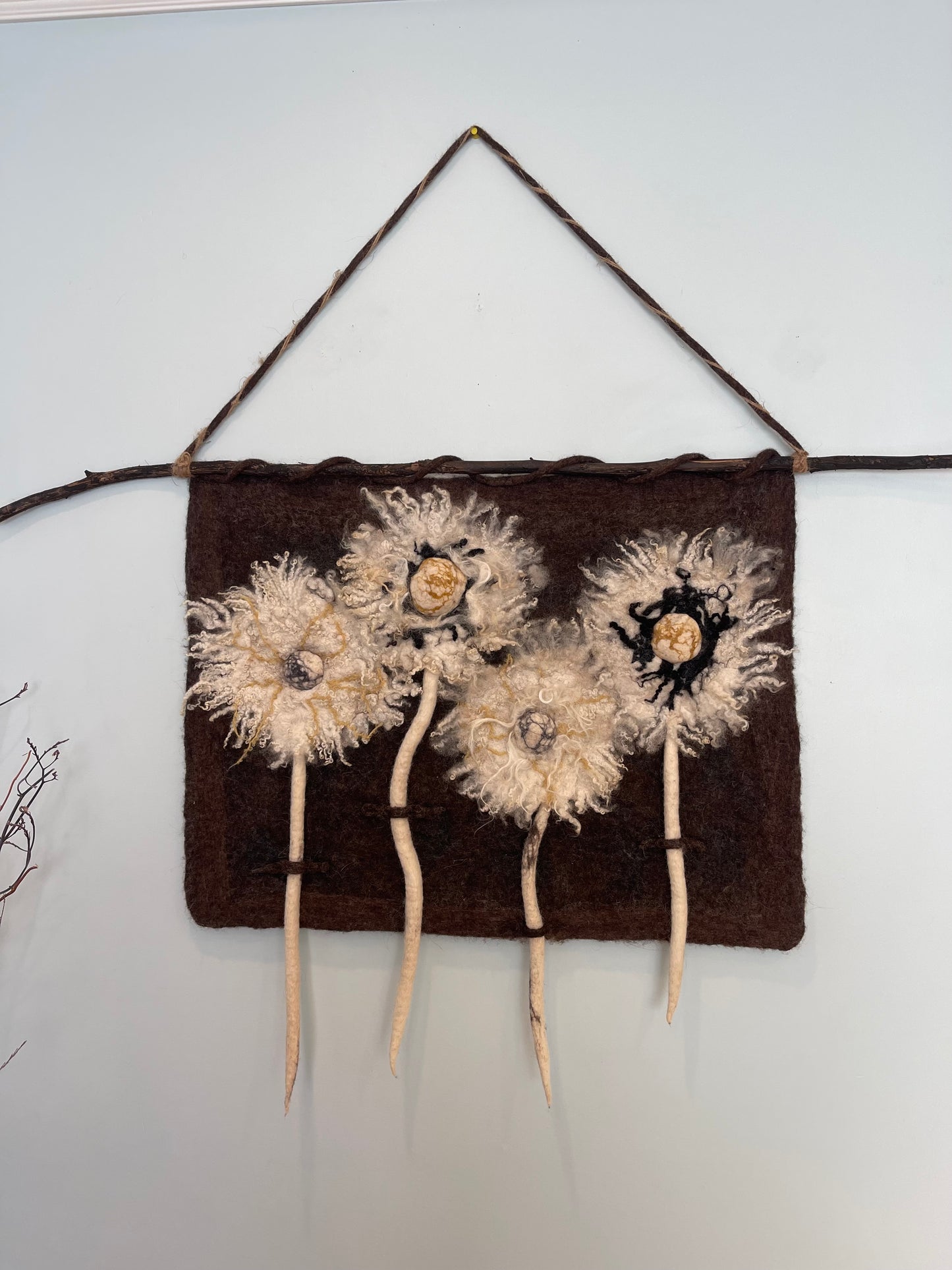 100% Natural wool felted wall art hanging. “ The family of Dandelion”. Size 29”/23”Handmade .Natural merino wool and other natural fibers
