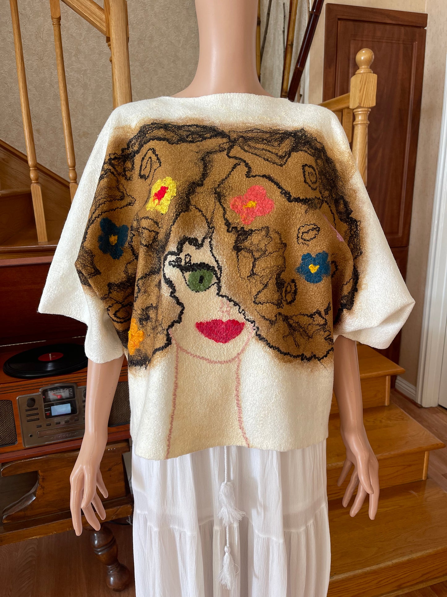 100% Natural Fibers Eco-Fashion Handmade Nuno Felted Silk Wool Eco Friendly Wearable Art Sweater Top Tunic Blouse Sweatshirt Size S-M