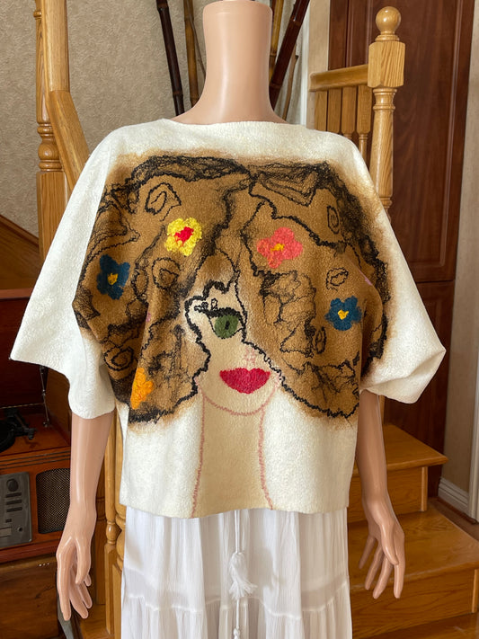 100% Natural Fibers Eco-Fashion Handmade Nuno Felted Silk Wool Eco Friendly Wearable Art Sweater Top Tunic Blouse Sweatshirt  Size S-M