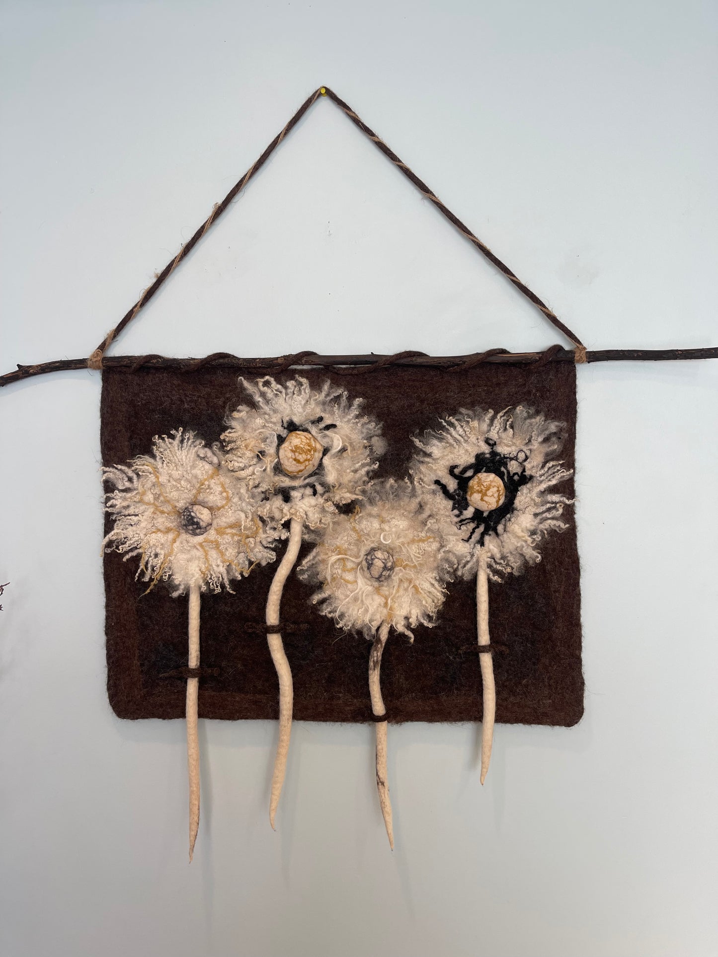 100% Natural wool felted wall art hanging. “ The family of Dandelion”. Size 29”/23”Handmade .Natural merino wool and other natural fibers