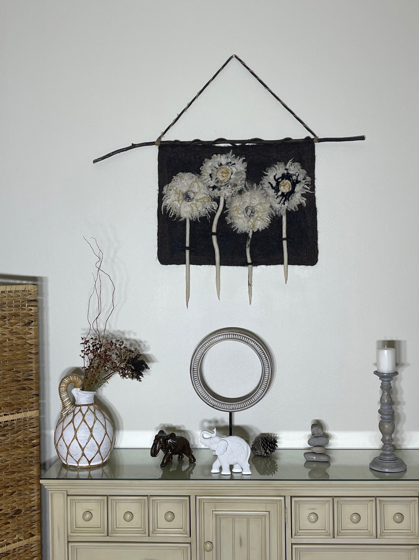 100% Natural wool felted wall art hanging. “ The family of Dandelion”. Size 29”/23”Handmade .Natural merino wool and other natural fibers