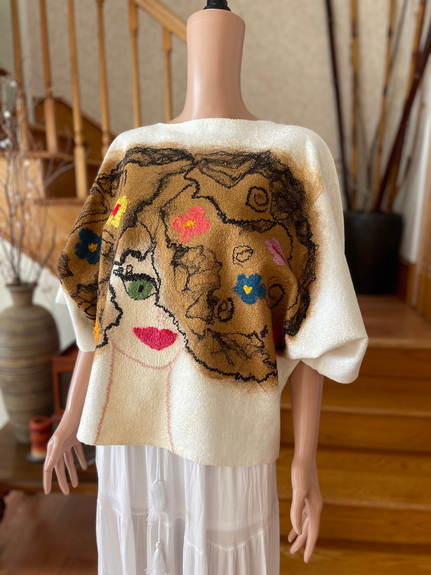 100% Natural Fibers Eco-Fashion Handmade Nuno Felted Silk Wool Eco Friendly Wearable Art Sweater Top Tunic Blouse Sweatshirt Size S-M