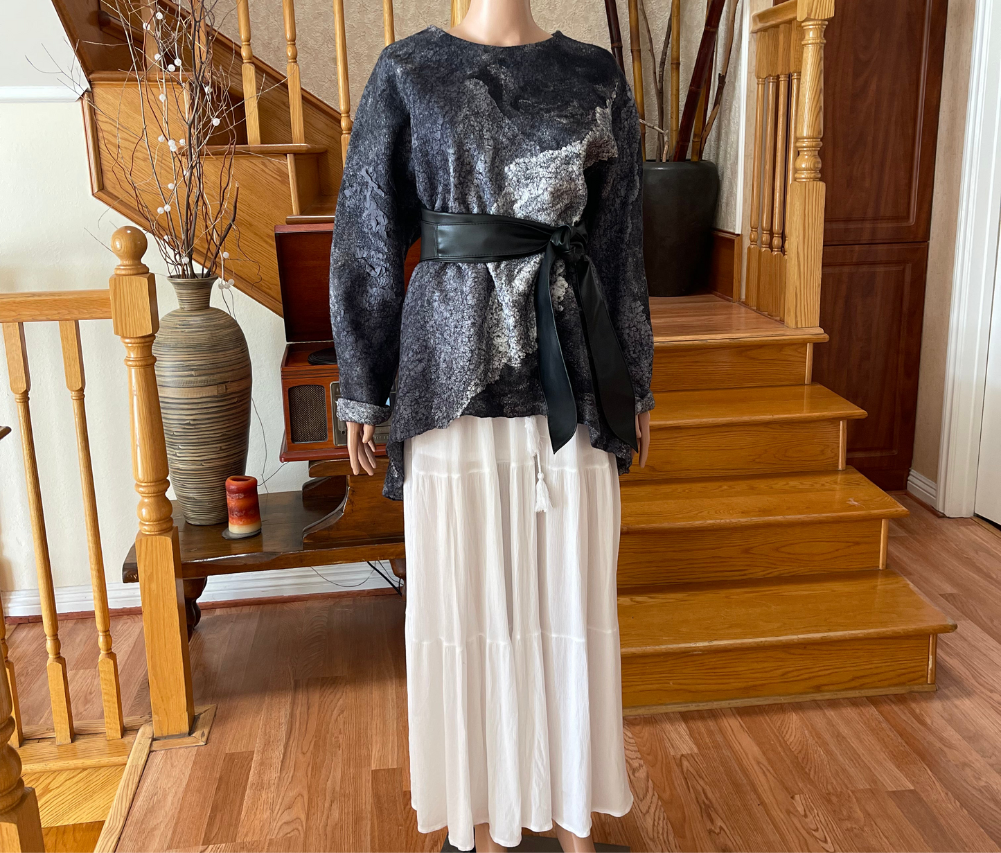 100% Natural Fibers Eco-Fashion Handmade Nuno Felted Silk Wool Eco Friendly Wearable Art Sweater Top Tunic Blouse Sweatshirt One Size S-XL