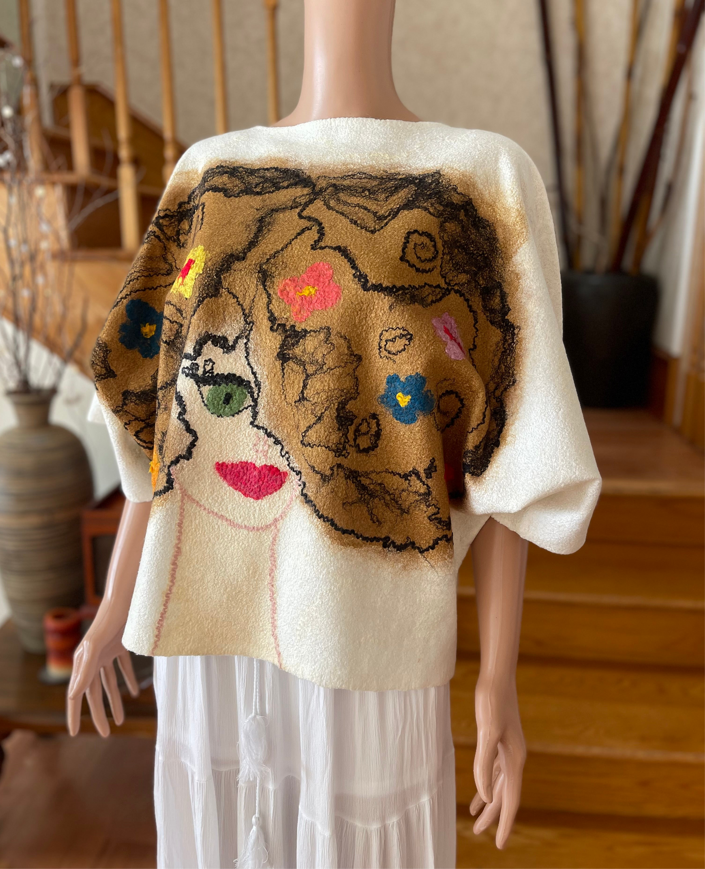 100% Natural Fibers Eco-Fashion Handmade Nuno Felted Silk Wool Eco Friendly Wearable Art Sweater Top Tunic Blouse Sweatshirt Size S-M