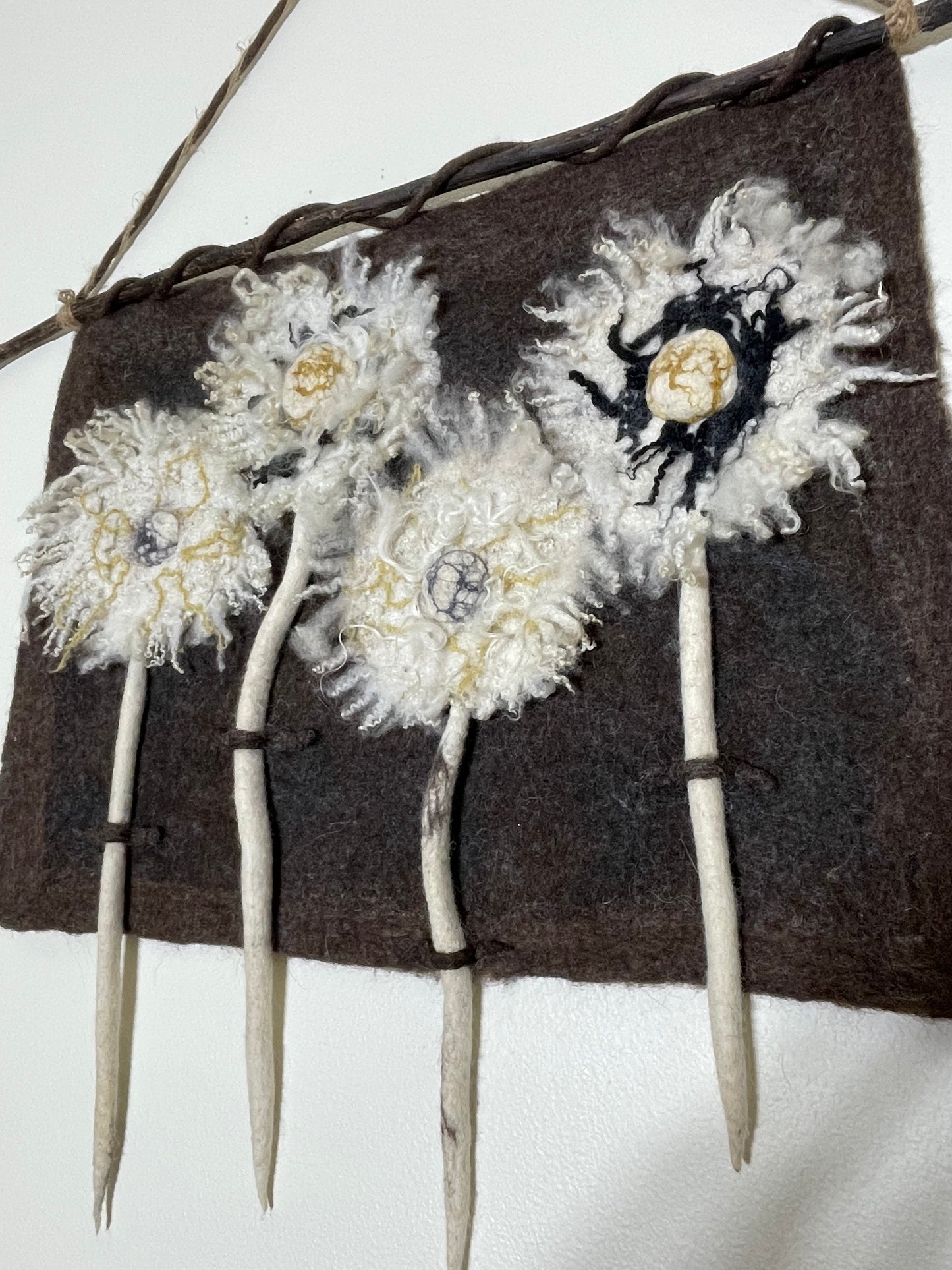 100% Natural wool felted wall art hanging. “ The family of Dandelion”. Size 29”/23”Handmade .Natural merino wool and other natural fibers