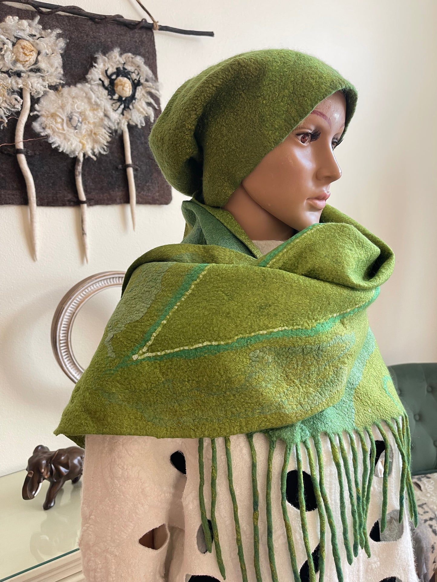 Natural Wool Silk Hat Scarf Set Unique Handmade Felted Beanie Wrap Ecofriendly Headwear Neckwear Bohemian Cozy Warm Artisanal Bonnet Muffler