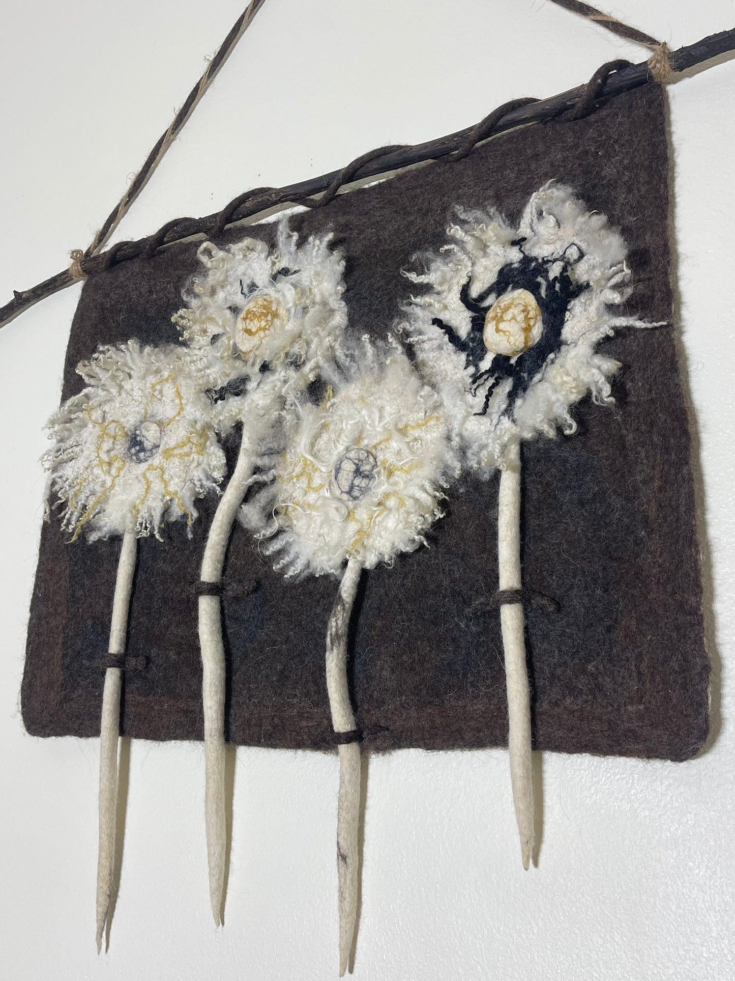 100% Natural wool felted wall art hanging. “ The family of Dandelion”. Size 29”/23”Handmade .Natural merino wool and other natural fibers