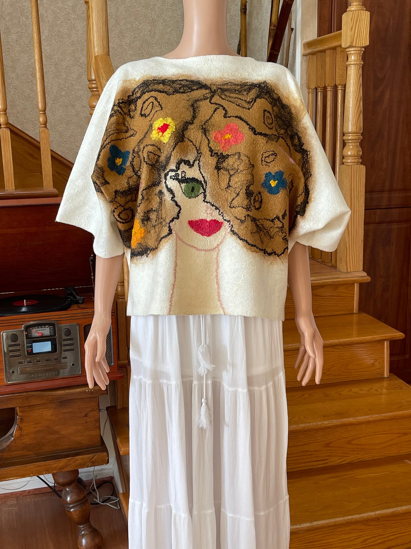 100% Natural Fibers Eco-Fashion Handmade Nuno Felted Silk Wool Eco Friendly Wearable Art Sweater Top Tunic Blouse Sweatshirt Size S-M