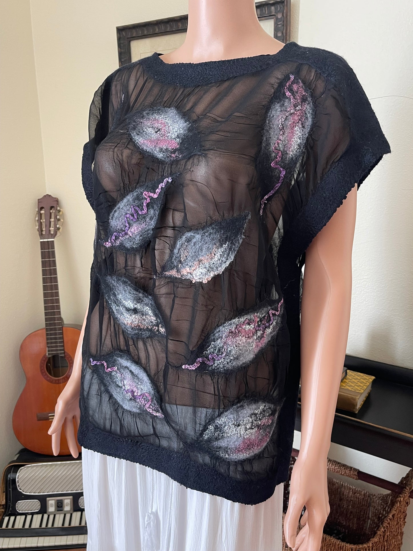 100% Natural Silk Wool Eco-Fashion Top Handmade Nuno Felt Vest Eco Friendly Blouse lightweight Gauze Silk Shirt Women Clothing Garment One Size S-XL