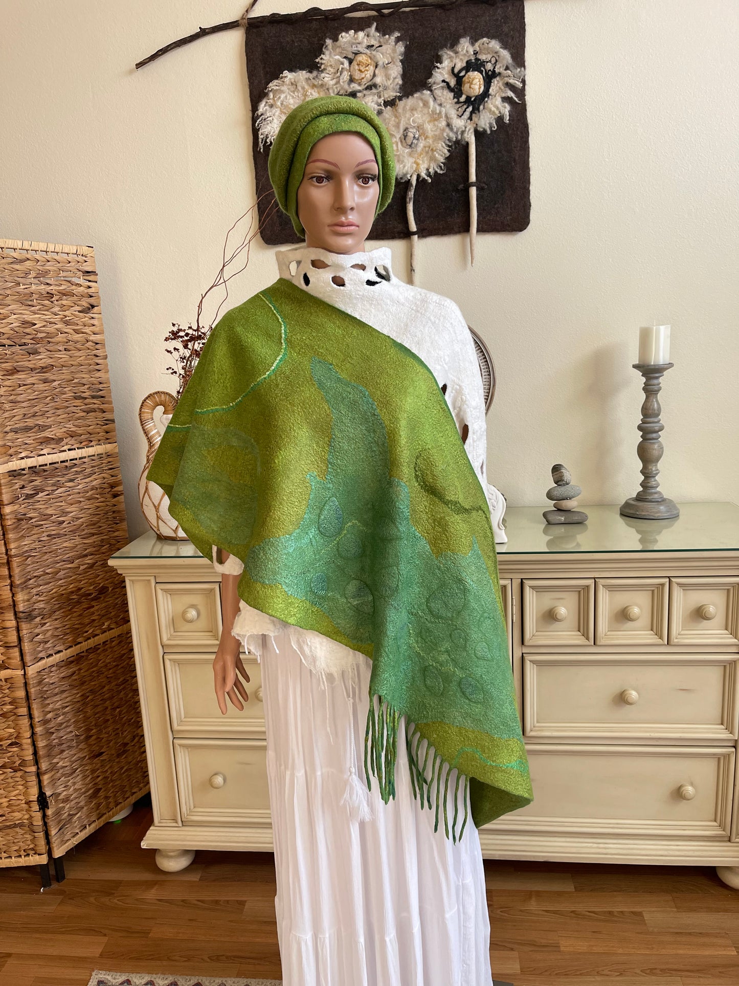 100% Natural Wool Silk Hat Scarf Set Unique Handmade Felted Beanie Wrap Ecofriendly Headwear Neckwear Bactus Muffler Snood