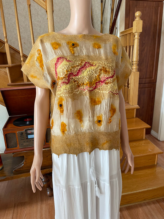 100% Natural Silk Wool Eco-Fashion Top Handmade Nuno Felt Vest Eco Friendly Blouse lightweight Gauze Silk Shirt Women Clothing Garment S-L