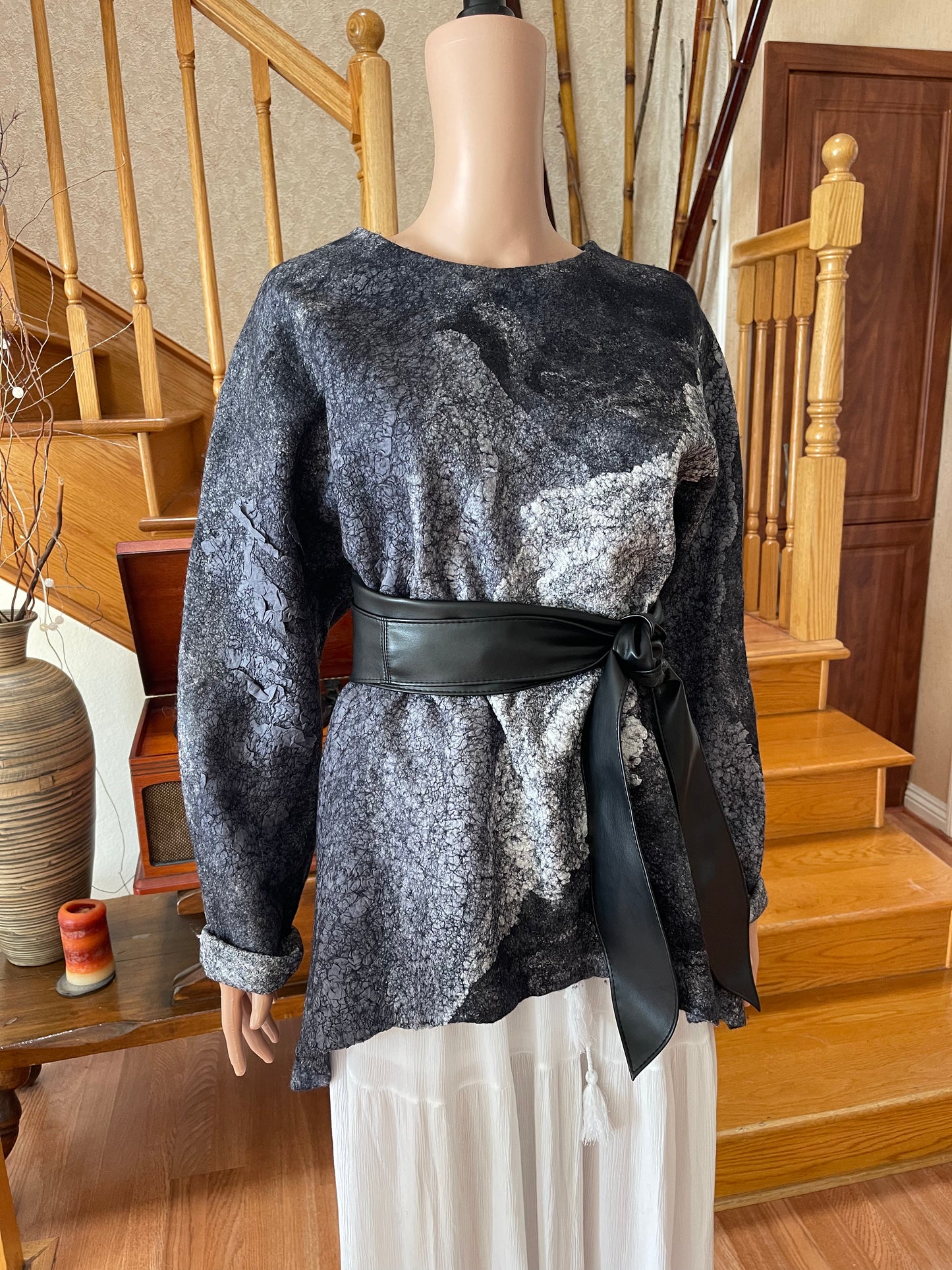 100% Natural Fibers Eco-Fashion Handmade Nuno Felted Silk Wool Eco Friendly Wearable Art Sweater Top Tunic Blouse Sweatshirt One Size S-XL
