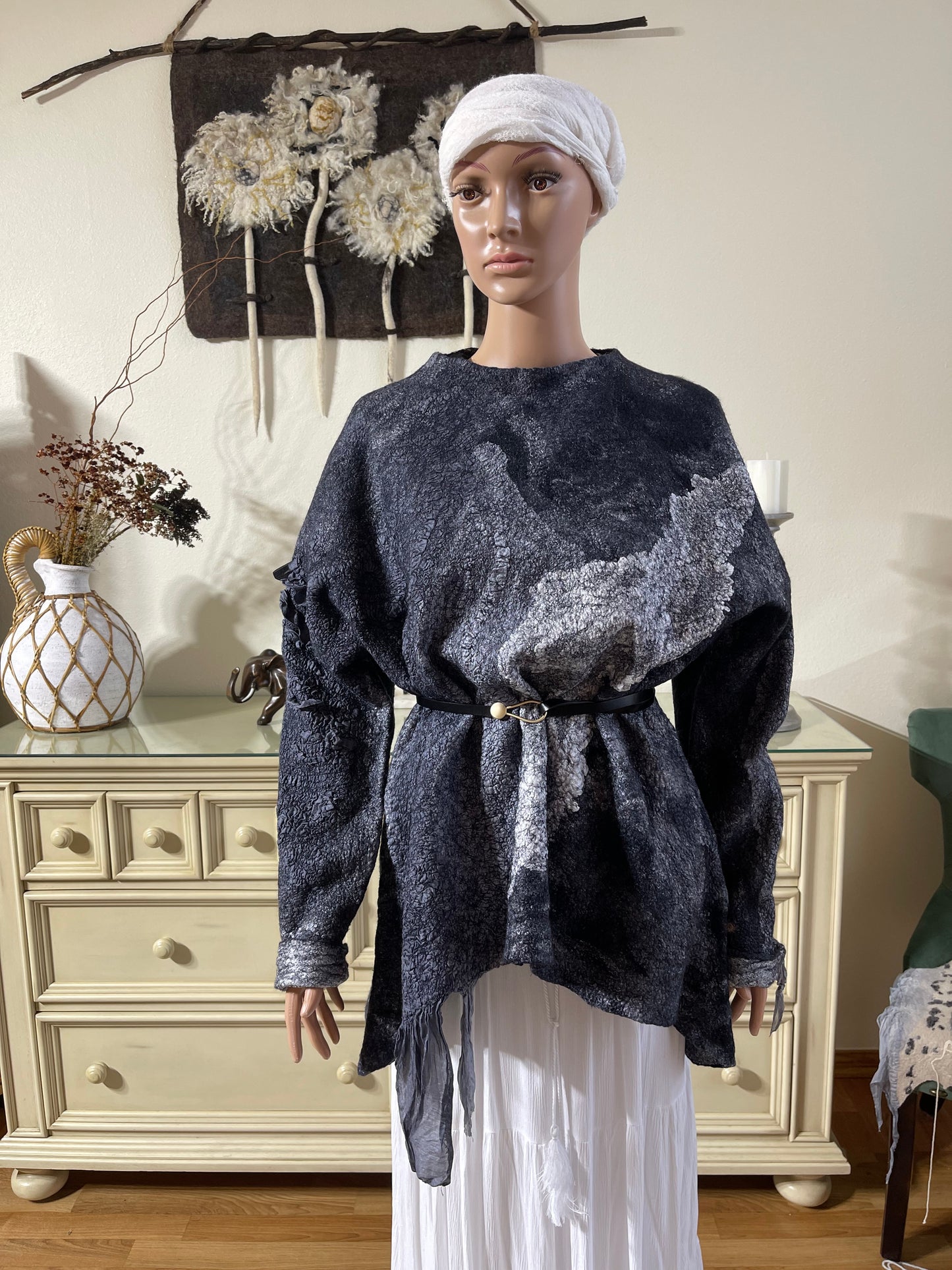 100% Natural Fibers Eco-Fashion Handmade Nuno Felted Silk Wool Eco Friendly Wearable Art Sweater Top Tunic Blouse Sweatshirt  One Size S-XL