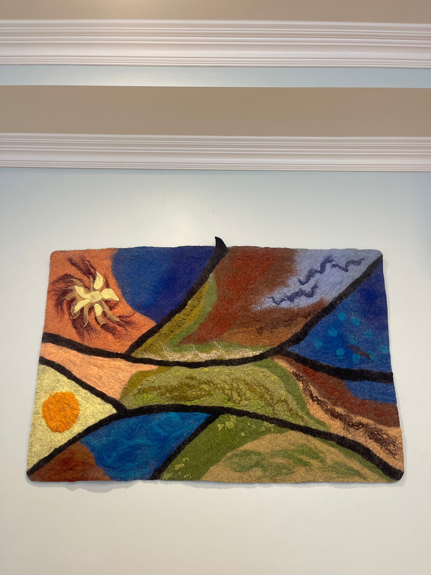 100% natural wool  felted wall art hanging/home  decor“ California Spring ”. Size 43”/27” .Natural merino wool and other natural fibers