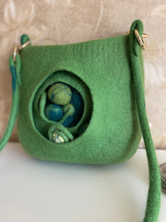 100% Natural Wool. Handmade Eco Friendly Felted Green Bag Long Strap Crossbody Boho Style Purse Good Gift For Her/Women/Lady/Mother/Friend