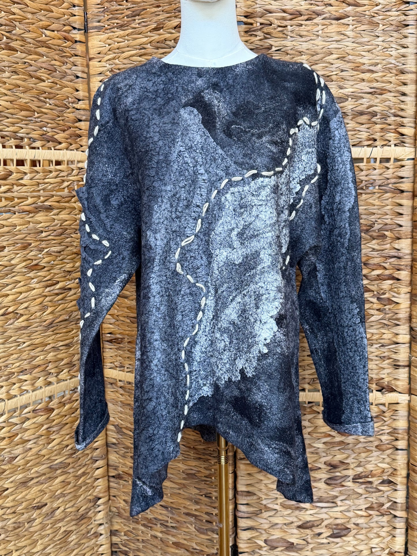 100% Natural Fibers Eco-Fashion Handmade Nuno Felted Silk Wool Eco Friendly Wearable Art Sweater Top Tunic Blouse Sweatshirt  One Size S-XL