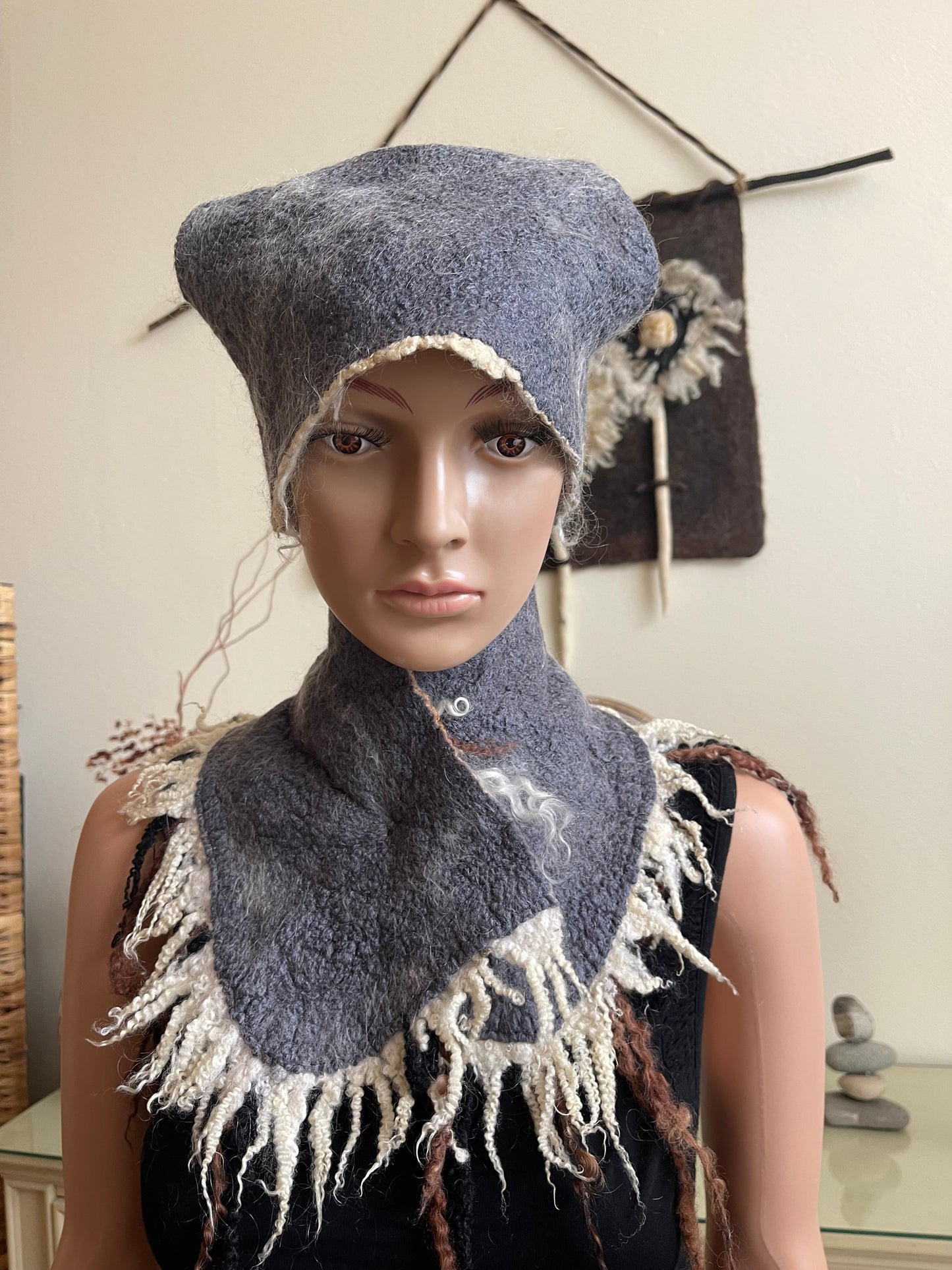 100% Natural Wool Silk Hat Scarf Set Unique Handmade Felted Beanie Wrap Ecofriendly Headwear Neckwear Bohemian Cozy Warm Artisanal Bonnet Muffler