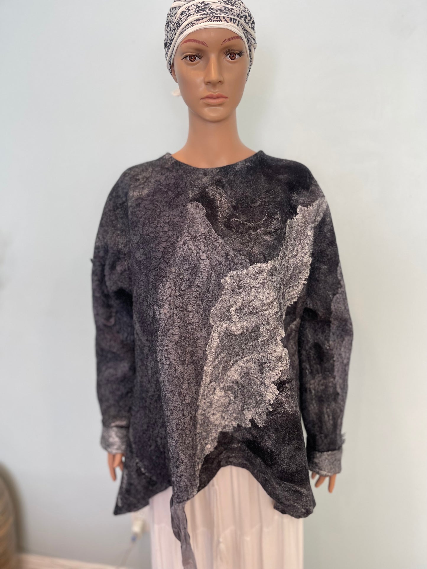 100% Natural Fibers Eco-Fashion Handmade Nuno Felted Silk Wool Eco Friendly Wearable Art Sweater Top Tunic Blouse Sweatshirt  One Size S-XL