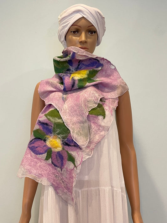 100% Natural Handmade Nuno Felted Silk Scarf,Shawl. Size 46”/14