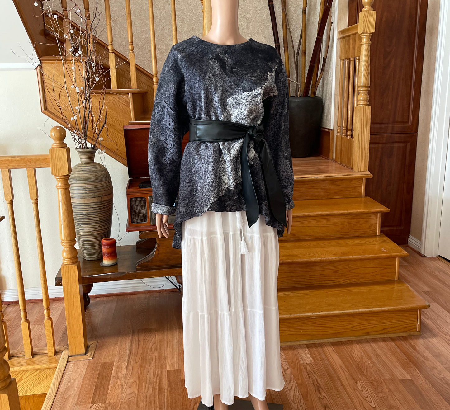100% Natural Fibers Eco-Fashion Handmade Nuno Felted Silk Wool Eco Friendly Wearable Art Sweater Top Tunic Blouse Sweatshirt  One Size S-XL