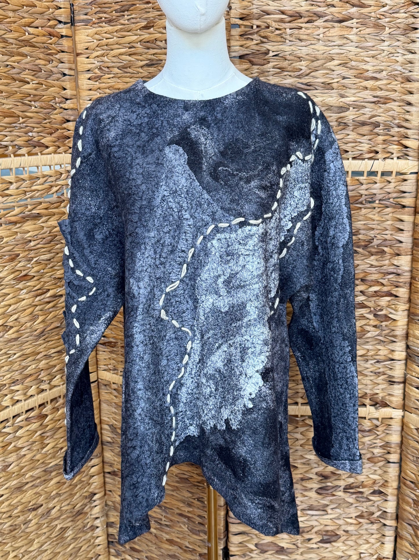 100% Natural Fibers Eco-Fashion Handmade Nuno Felted Silk Wool Eco Friendly Wearable Art Sweater Top Tunic Blouse Sweatshirt  One Size S-XL