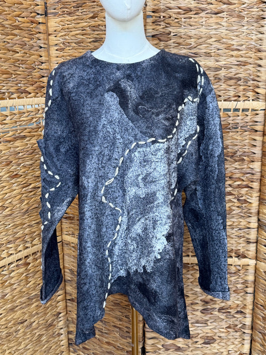 100% Natural Fibers Eco-Fashion Handmade Nuno Felted Silk Wool Eco Friendly Wearable Art Sweater Top Tunic Blouse Sweatshirt  One Size S-XL