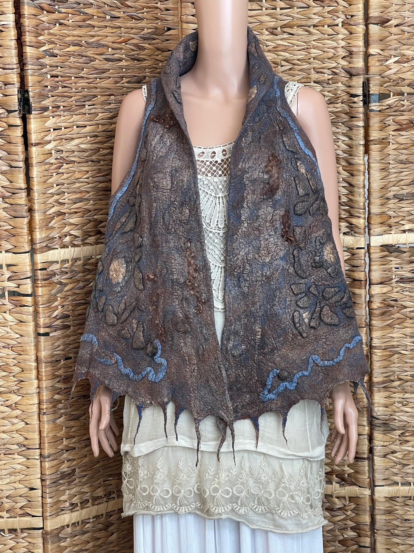 Natural Wool Silk Vest Eco-Fashion Top Handmade Nuno felt Wrap  Wearable  Eco Friendly Bohemian Style Waistcoat Top Sustainable Clothing