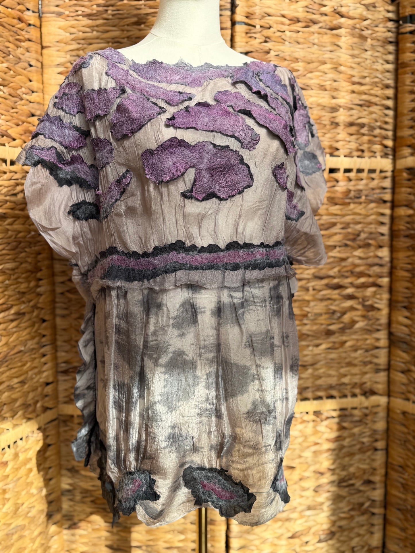 100% Natural Handmade Nuno Felted Silk Merino Wool Linen Bamboo Tunic Vest Eco-Friendly Gauze Blouse One Size S-M