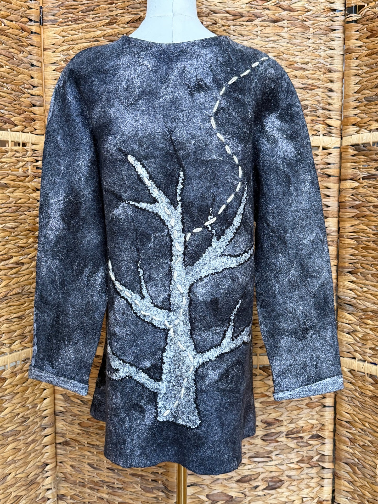 100% Natural Fibers Eco-Fashion Handmade Nuno Felted Silk Wool Eco Friendly Wearable Art Sweater Top Tunic Blouse Sweatshirt  One Size S-XL