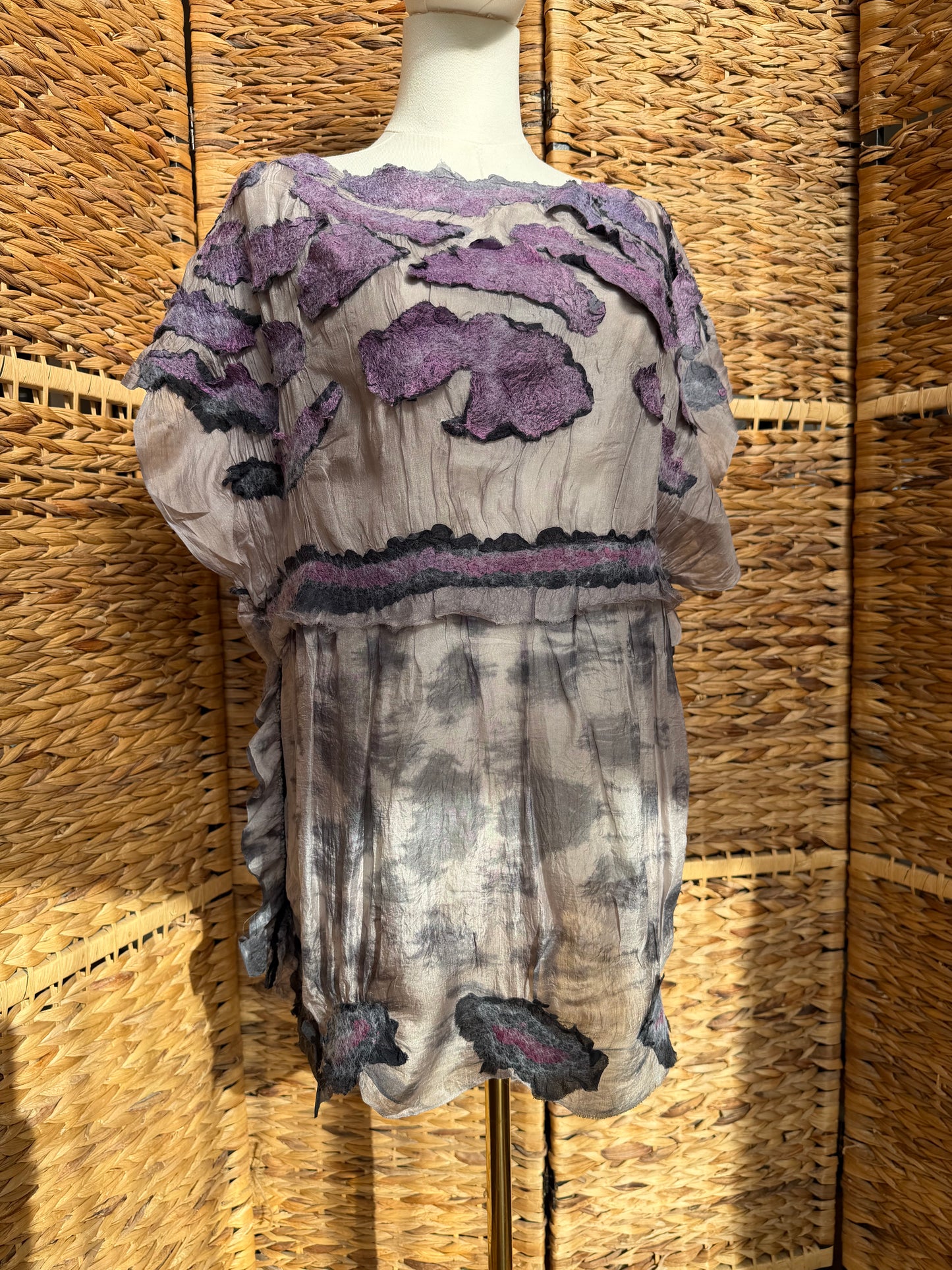 100% Natural Handmade Nuno Felted Silk Merino Wool Linen Bamboo Tunic Vest Eco-Friendly Gauze Blouse One Size S-M