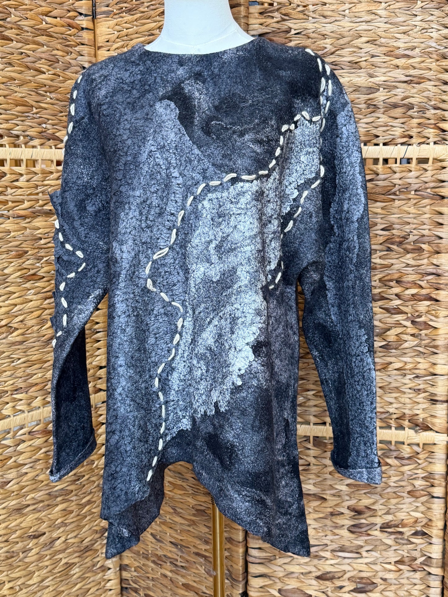100% Natural Fibers Eco-Fashion Handmade Nuno Felted Silk Wool Eco Friendly Wearable Art Sweater Top Tunic Blouse Sweatshirt  One Size S-XL