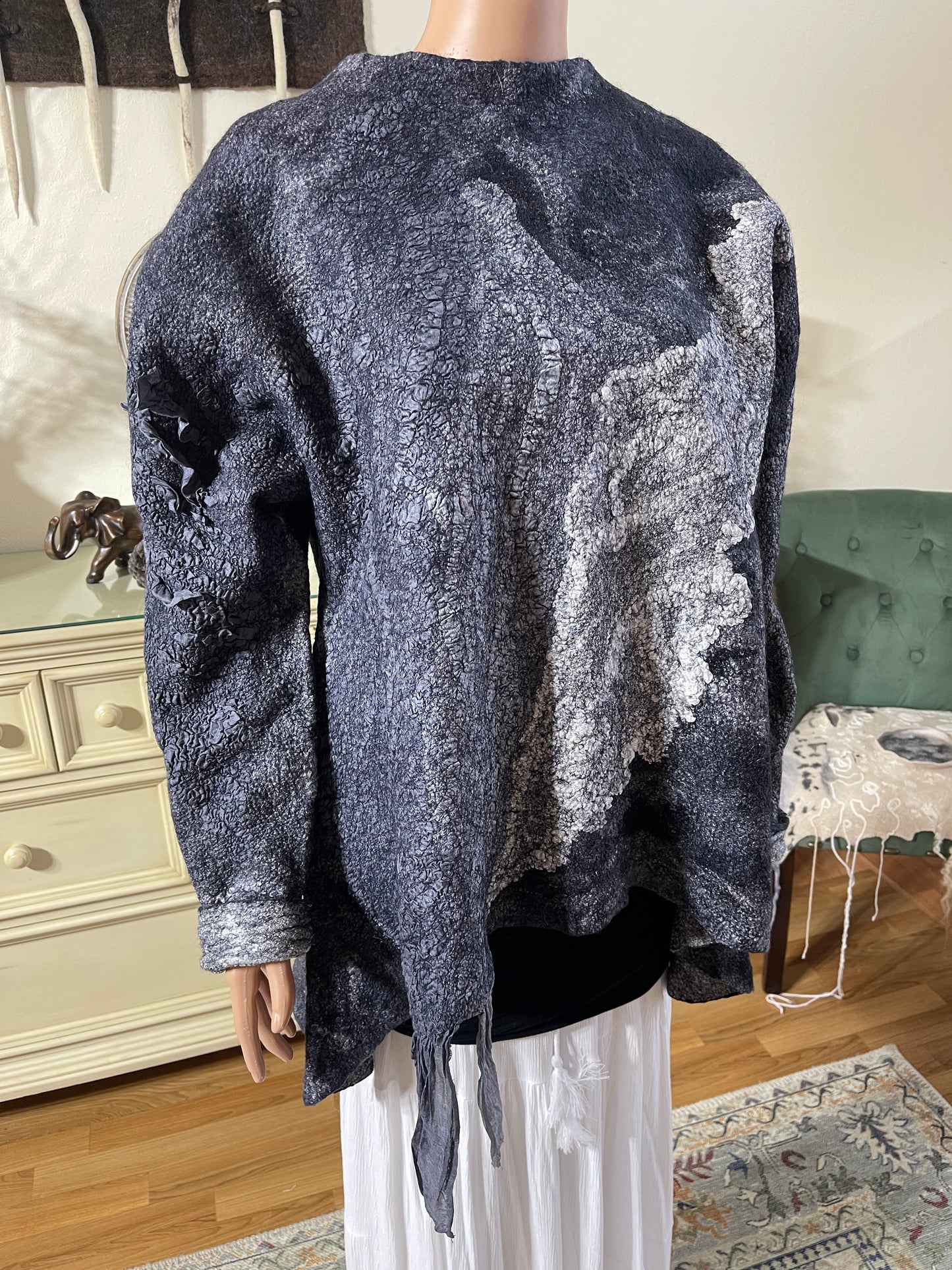 100% Natural Fibers Eco-Fashion Handmade Nuno Felted Silk Wool Eco Friendly Wearable Art Sweater Top Tunic Blouse Sweatshirt  One Size S-XL