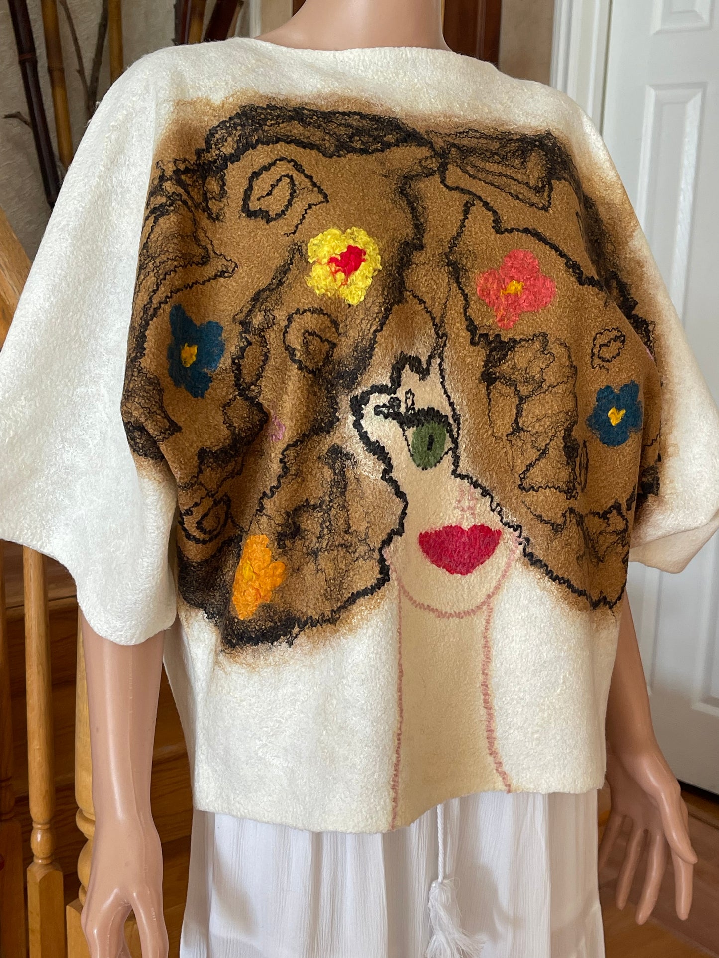 100% Natural Fibers Eco-Fashion Handmade Nuno Felted Silk Wool Eco Friendly Wearable Art Sweater Top Tunic Blouse Sweatshirt  Size S-M