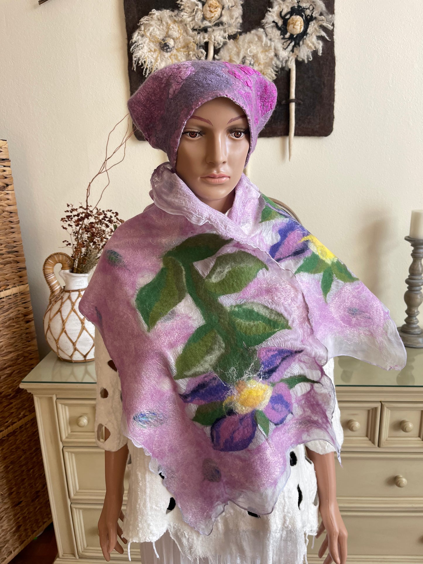 100% Natural Handmade Nuno Felted Silk Scarf,Shawl. Size 46”/14