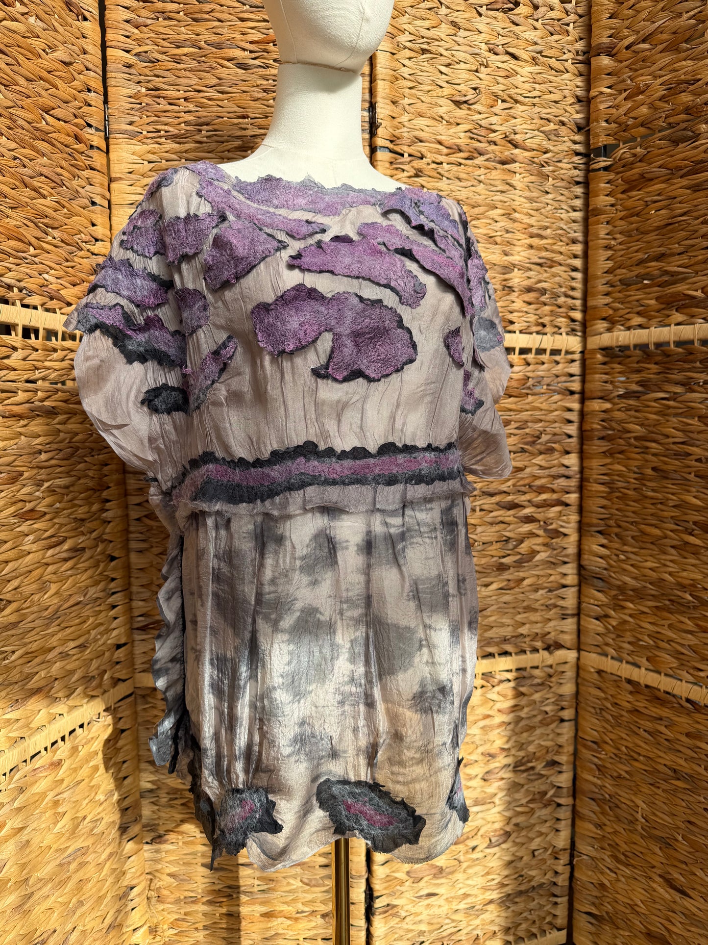 100% Natural Handmade Nuno Felted Silk Merino Wool Linen Bamboo Tunic Vest Eco-Friendly Gauze Blouse One Size S-M